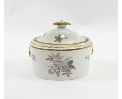 An early 19th century Spode oval sucrier with cover and monochrome floral and fruit decoration