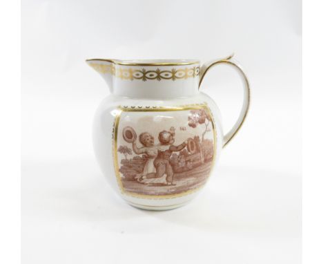 An early 19th century Spode jug of bulbous form with sepia printed panels of children and lovers