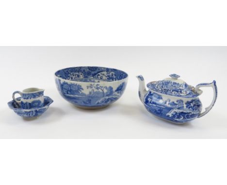 A Copeland Spode blue and white teapot, along with bowl, milk jug and small sugar bowl