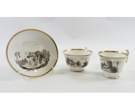 Early 19th century Spode London shape coffee cup with black painted decoration 'Farley Castle', a similar teacup painted with