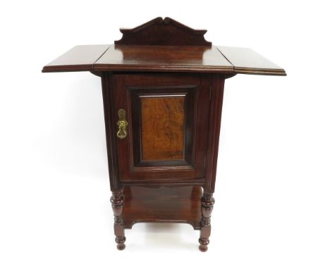 An Edwardian mahogany drop leaf pot cupboard, single door and shelf,  90cm high, 72cm long, 38cm deep