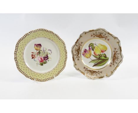 Spode Felspar porcelain dessert plate painted with tulip &amp; pears together with another similar plate 