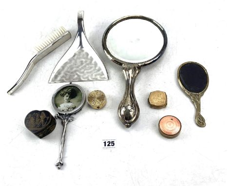 Assorted metal ware - plated hand mirror, pewter handmirror/photo frame, brass hand mirror, metal crumb tray &amp; brush &amp