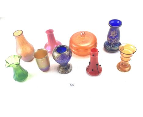 Assorted art glass comprising 8 vases, tallest 6.5" high and orange glass lidded trinket bowl