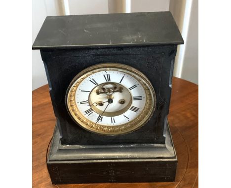 Black slate 2-hole mantle clock with pendulum. 11"w x 13"h