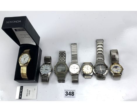 7 gents wristwatches including boxed Sekonda, stainless steel Sekonda, Seiko (broken strap), Swiss Hunter, Buler, Timex (work