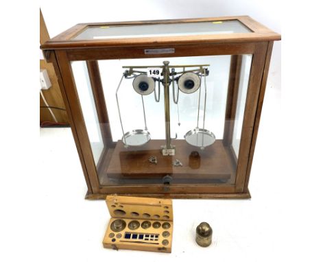 Set of brass/metal scales in wood and glass case, 20" long x 10" wide x 19"h. Case by Griffin &amp; George Ltd, scales by Geo