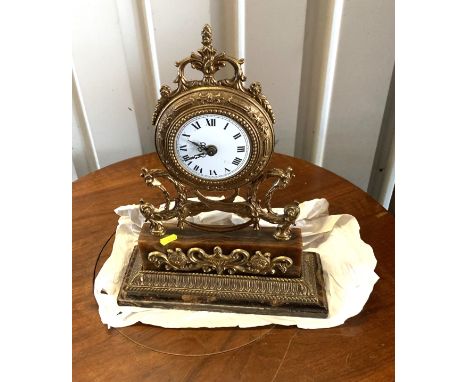 Brass and marble/onyx base mantle clock, working. 12.5"w x 16"h