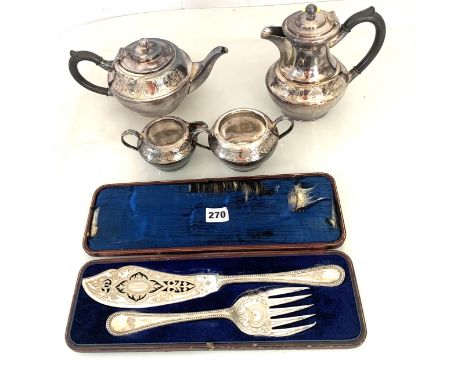 4 piece silver plated tea set comprising teapot, coffee pot, sugar bowl and cream jug and cased pair of silver plated fish se