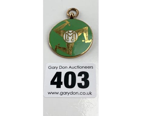 9k gold and enamel medal inscribed '1937 Manx Grand Prix Junior Race, D. Parkinson, A.E. Moule, M. Cann', 1.5" long, w: 13.9 