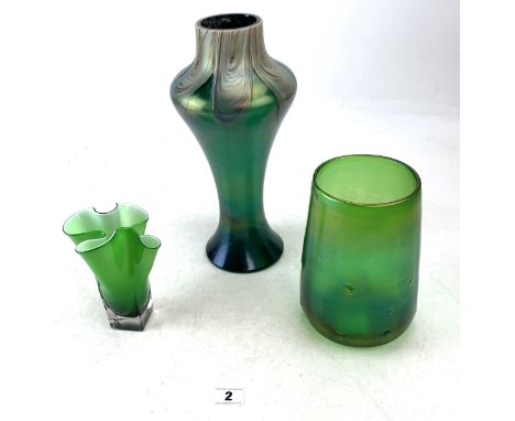 3 art glass vases - iridescent green vase 12.5" high, dimple green vase 7.25" high and handkerchief green vase 5.5" high