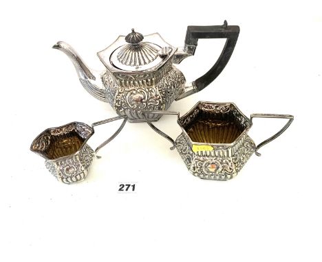 3 piece embossed silver plated tea set comprising teapot, sugar bowl and cream jug