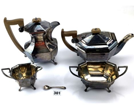 4 piece silver tea set comprising teapot, coffee pot, cream jug, sugar bowl and spoon, total weight inc. Wooden handles: 51.1