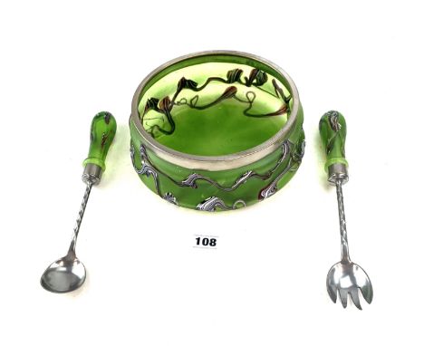 Overlay green glass salad bowl with plated rim 9" dia (damage to base) and pair of matching glass handled serving spoon and f