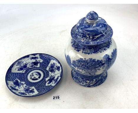 Japanese blue/white plate 9" diameter and Copeland Spode blue/white lidded jar 11" high