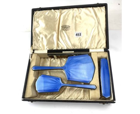 4 piece  boxed plated and blue enamel brush set - hair brush, comb, clothes brush and handmirror