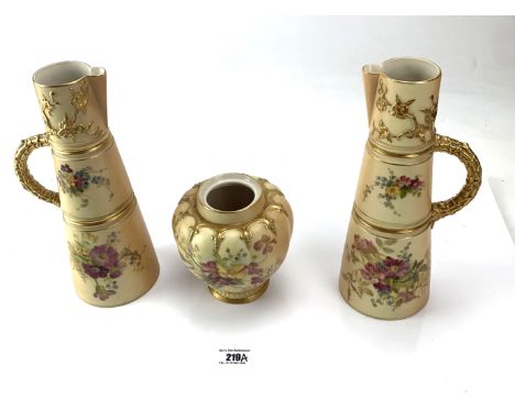 Pair of Royal Worcester blush urn vases (damage to 1 spout) 10" high and Royal Worcester blush ginger jar, no lid, 5.5" high