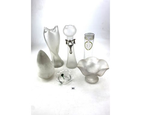Assorted white/clear art glass - 2 vases 12.5" h, painted vase 10" h (chip to rim), handkerchief vase 5"h, green/clear bowl 4
