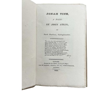 Atkin (John), Jonah Tink, a poem, 1st edition, Newark: printed for the author, 1823, paper over boards with contemporary spin