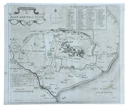 A Map of the East and West Fenne, 1661, engraved map with sparse outline colouring, left-hand vertical margins trimmed with l