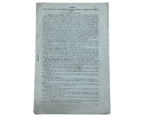 WW2 BURMA c1943. 10pp booklet. “Burma being the text of a talk delivered to British Soldier of Southern and Eastern Armies Te