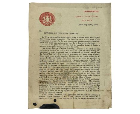 WW2 New Delhi, India Command, 1943 Confidential booklet from N.P Warell[?] Field Marshal Commander in Chief In India. Regardi