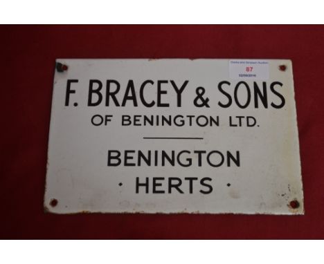 A small enamel sign for "F. Bracey & Sons" of Bennington Ltd., Bennington, Hertfordshire, (23cm x 15cm approx)