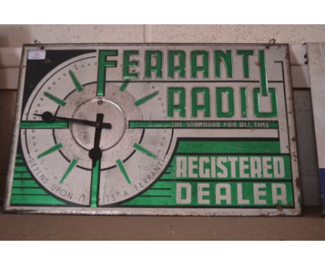 A 1930's Ferranti radio advertising shop sign/clock, (58cm x 37cm approx)