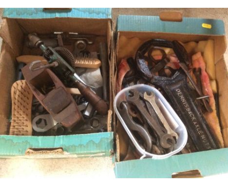Two boxes of various tools to include a large ring spanner for Dennis back axle nuts
