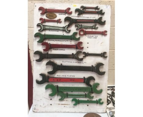 A display board containing a quantity of spanners from Steam and Stationery Engine manufacturers including Garrett, Rushton, 