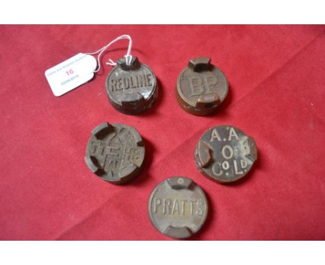 Five brass petrol can caps, including Pratts, BP, Redline etc.