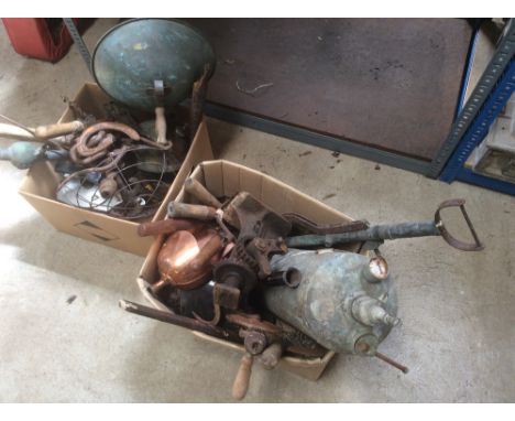 Two boxes of tools including stirrup pump, tractor jack, hand brace etc. 