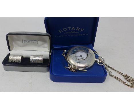 A silver Rotary half hunter pocket watch on Albert chain, the white dial with Roman and Arabic numerals, subsidiary seconds d