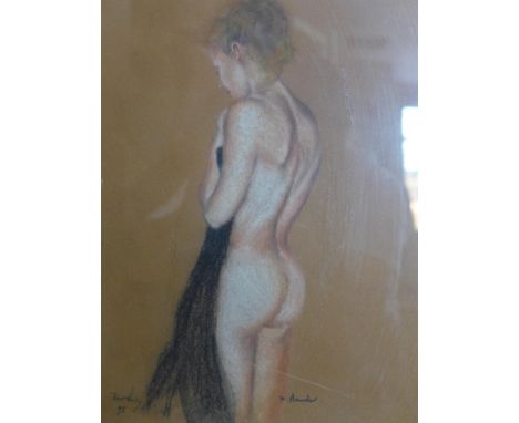 A pastel portrait of a nude lady, indistinctly signed, titled 'K. Maunder' and dated 95, in glazed giltwood frame, 31 x 22cm 