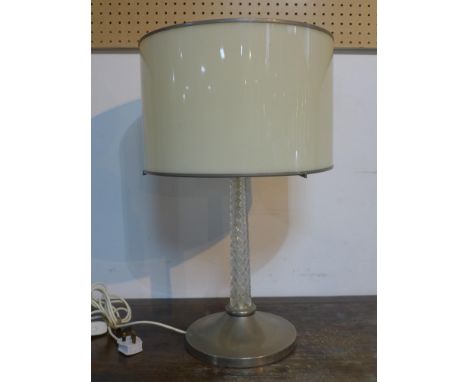 A vintage, chromed table lamp having a cut-glass stem with shade, H: 40cm (without shade), base dia: 25cm 