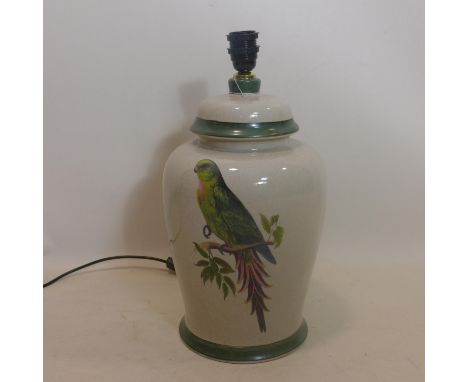 A large porcelain table lamp with cream crackle-glaze and decorated with two budgies on a branch, H: 46cm, W: 25cm approx 