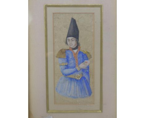 A 19th century Iranian portrait of a Qajar prince, watercolour and gilt painted, framed and glazed, 10 x 4.5cm 