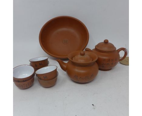 A 19th century Chinese porcelain hand-painted blue and white plate dia: 23cm with Chinese terracotta items: bowl, teapot, pou