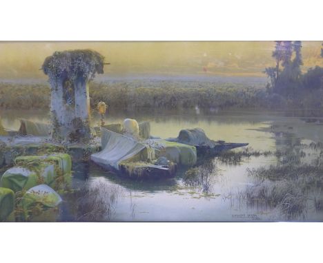 A large colour print of a painting by Enrique Serra, Roma, depicting a boat by marshes in an ebonised wooden frame, 42 x 78cm