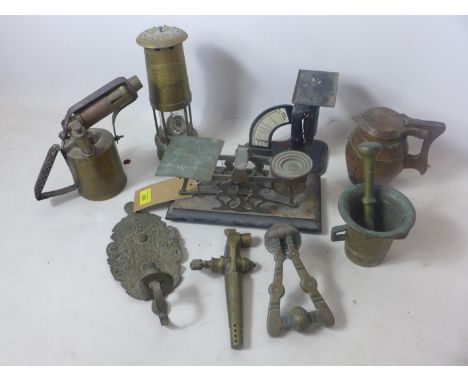 A collection of copper and brass to include a set of scales by Mordan &amp; co, a pestle and mortar, minors lamp etc 