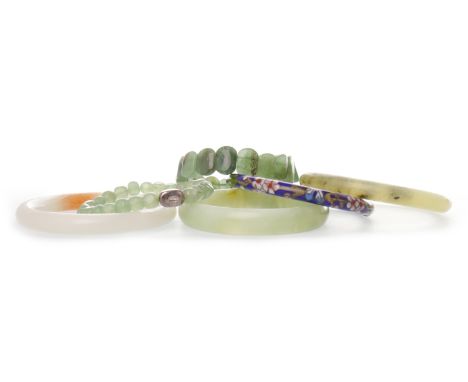GROUP OF FIVE CHINESE JADE AND OTHER HARDSTONE BANGLESalong with a cloisonne bangle (6) 