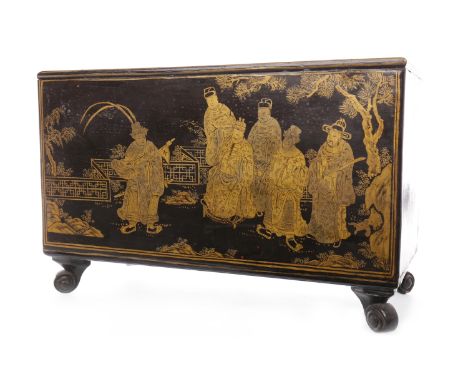 EARLY 20TH CENTURY CHINESE LACQUERED WOOD PLANTERof rectangular form and decorated with figures in gilt, 38.5cm wide; along w