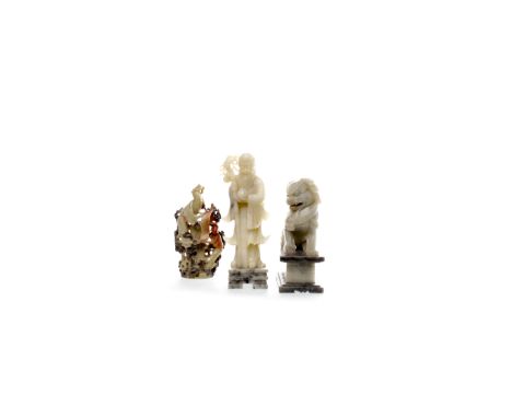 EARLY 20TH CENTURY CHINESE SOAPSTONE SHAO LAO 24cm high; along with a soapstone foe dog and a group of two figures holding a 