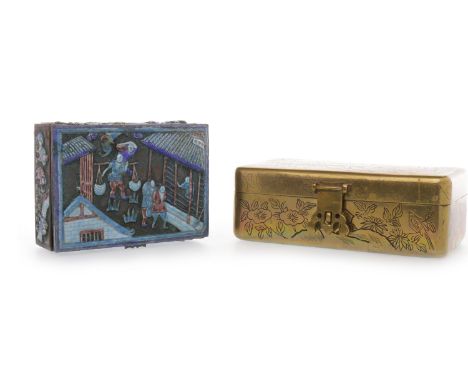 20TH CENTURY CHINESE BRASS BOX AND AN ENAMEL BOX the brass box with figural decoration, 14.5cm wide; the enamel box with figu