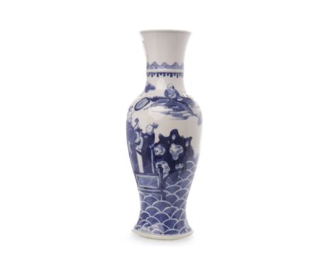 LATE 19TH CENTURY CHINESE BLUE AND WHITE VASEof baluster form, decorated with figures and deities in a landscape setting, fou
