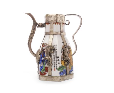 20TH CENTURY CHINESE WHITE METAL OVERLAID CERAMIC EWERpainted with figures and character script, the white metal cast in reli