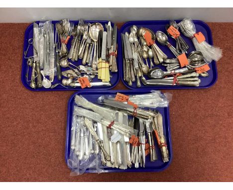 A Large Mixed Lot of Assorted Plated Cutlery, parts sets including set of three Elkington knives for Claridges, Lyons Tea cad