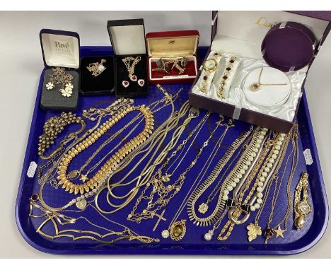 A Collection of Gilt Coloured Costume Jewellery, to include Kitsch style collarette necklace, stone set foliate pendant, enam