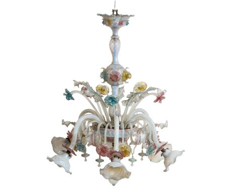 MURANO DECKENLEUCHTER Venedig, Fratelli Bottacin, Anfang 20.Jh., farbloses sowie teilw. roséfarbenes, hellblaues und gelbes G