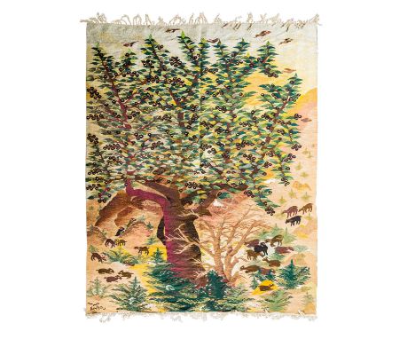 Flachgewebe. ÄGYPTEN, um 1990, ca. 254x196 cm. Bildteppich mit formatfüllender Darstellung eines Lebensbaumes mit dichtem, gr
